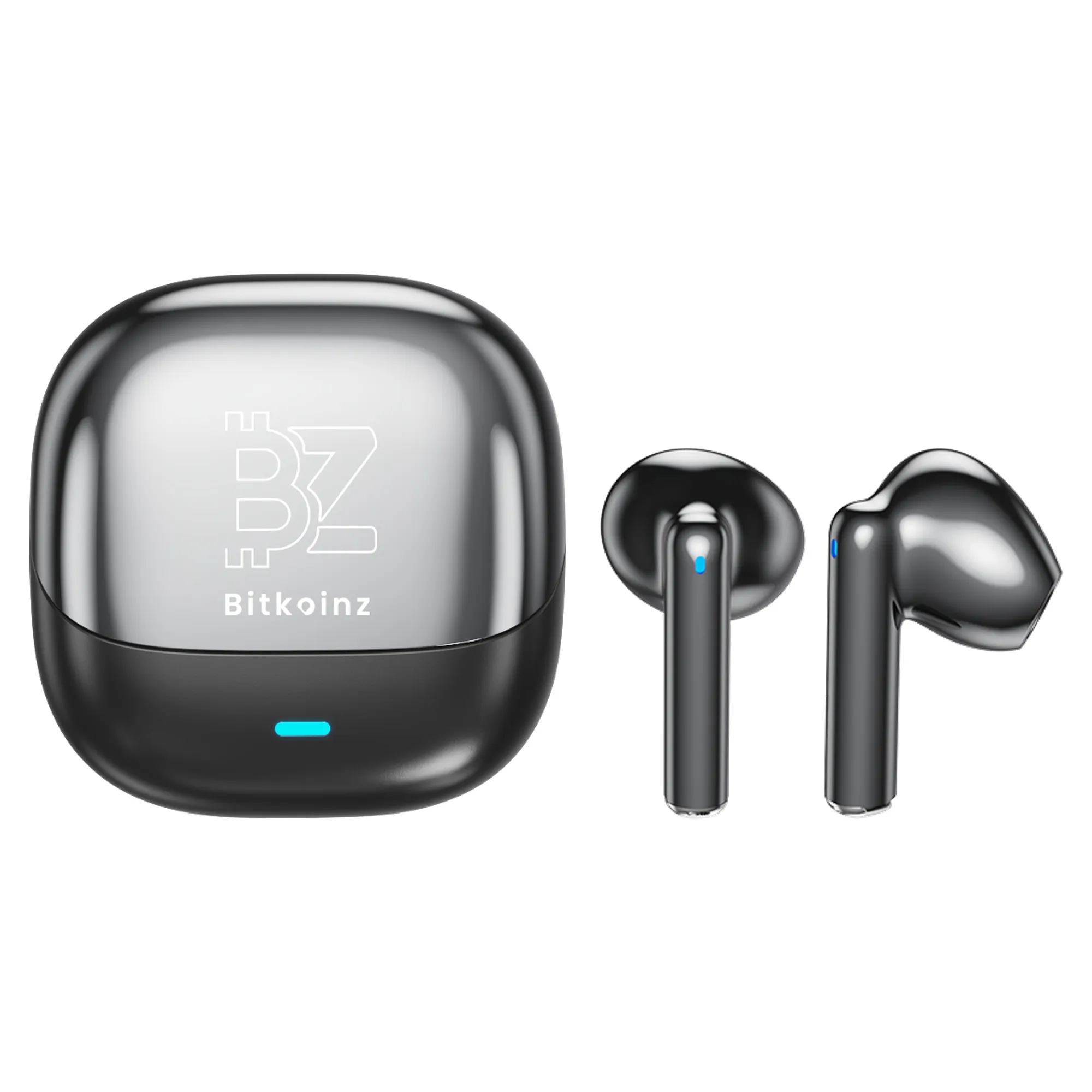 Aro X wireless earbuds and charging case in black, with the Bitkoinz name on the lid.