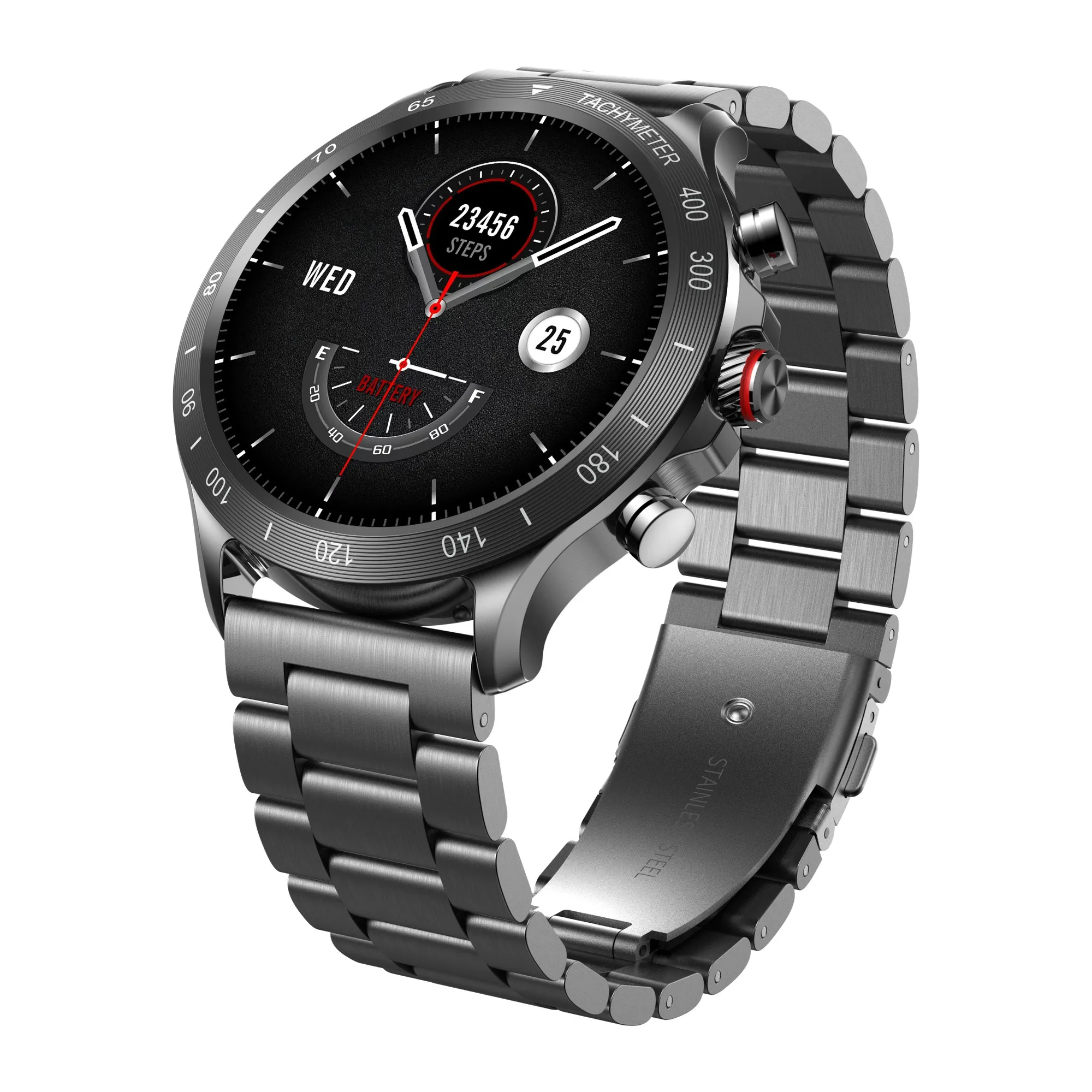 Future AI smartwatch in grey metal, with a round AMOLED face and a link bracelet.